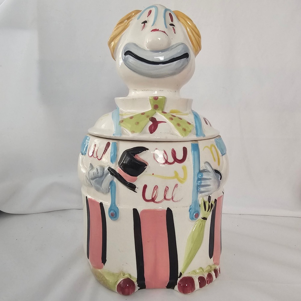 Vintage Japan Ceramic Clown Cookie Jar Circus Mid Century MCM Figural 10.5"